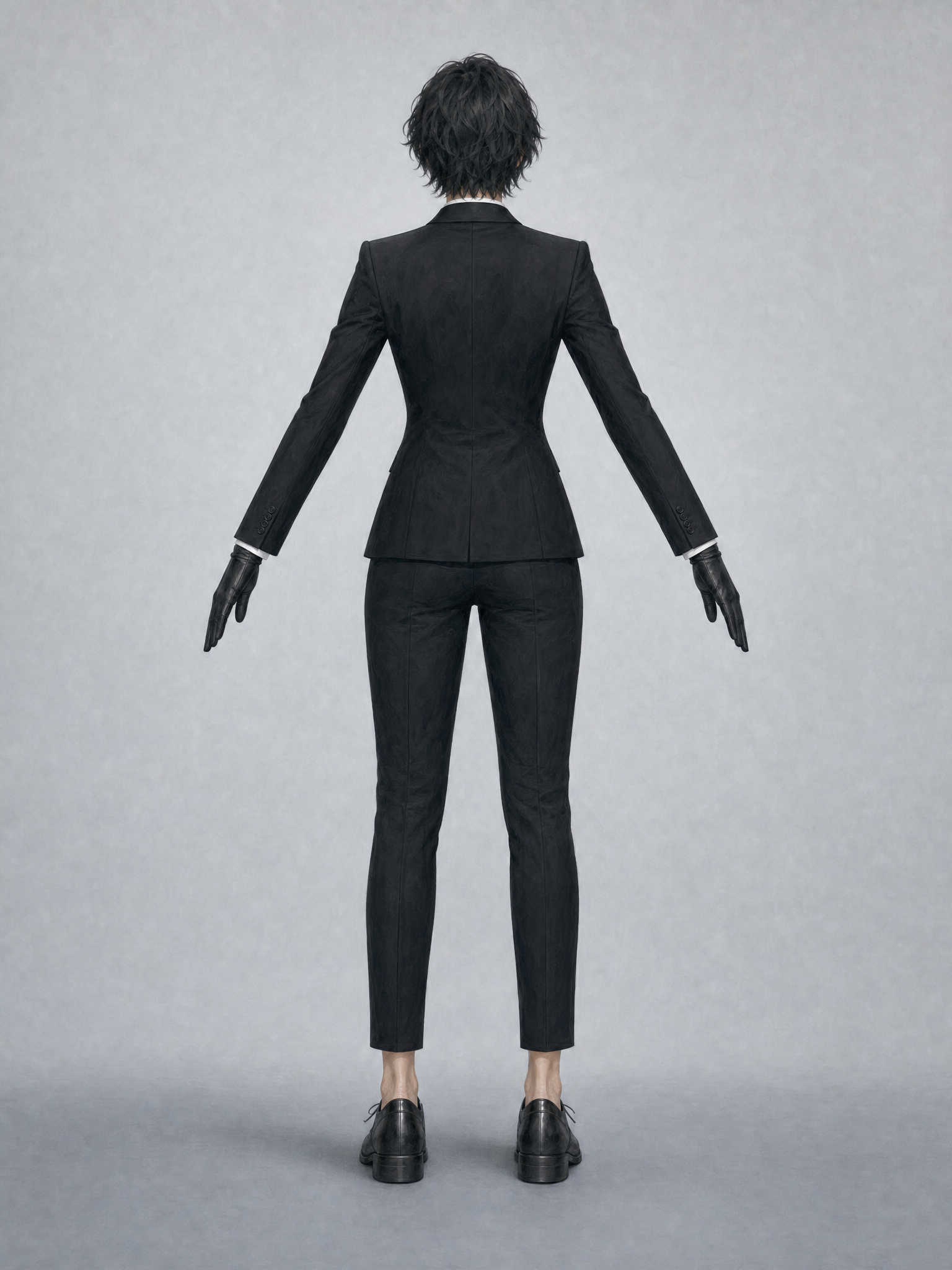 Rin Takamori in back A-pose, showing rear anatomy and tailored jacket construction.