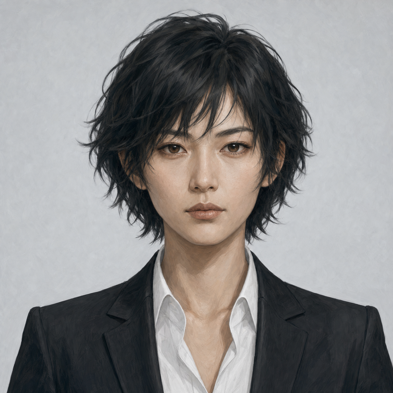 Closeup reference of Rin Takamori's face, expression, and facial planes.