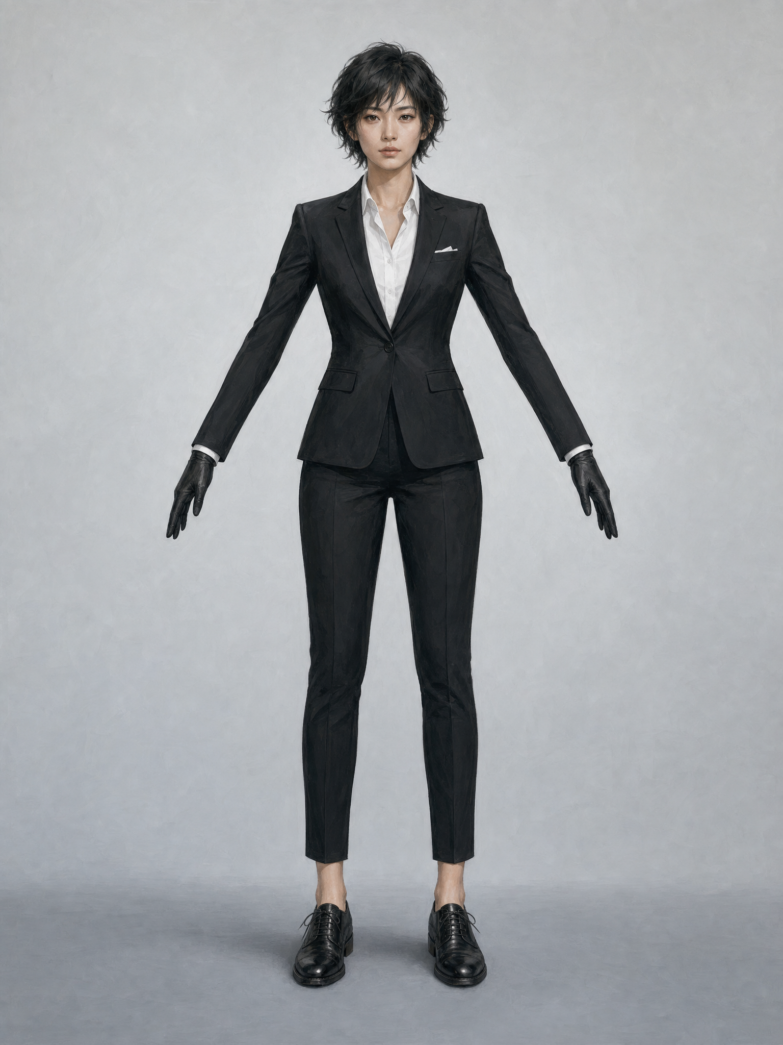 Rin Takamori in front A-pose, showing straight-on anatomy and tailored black suit construction.