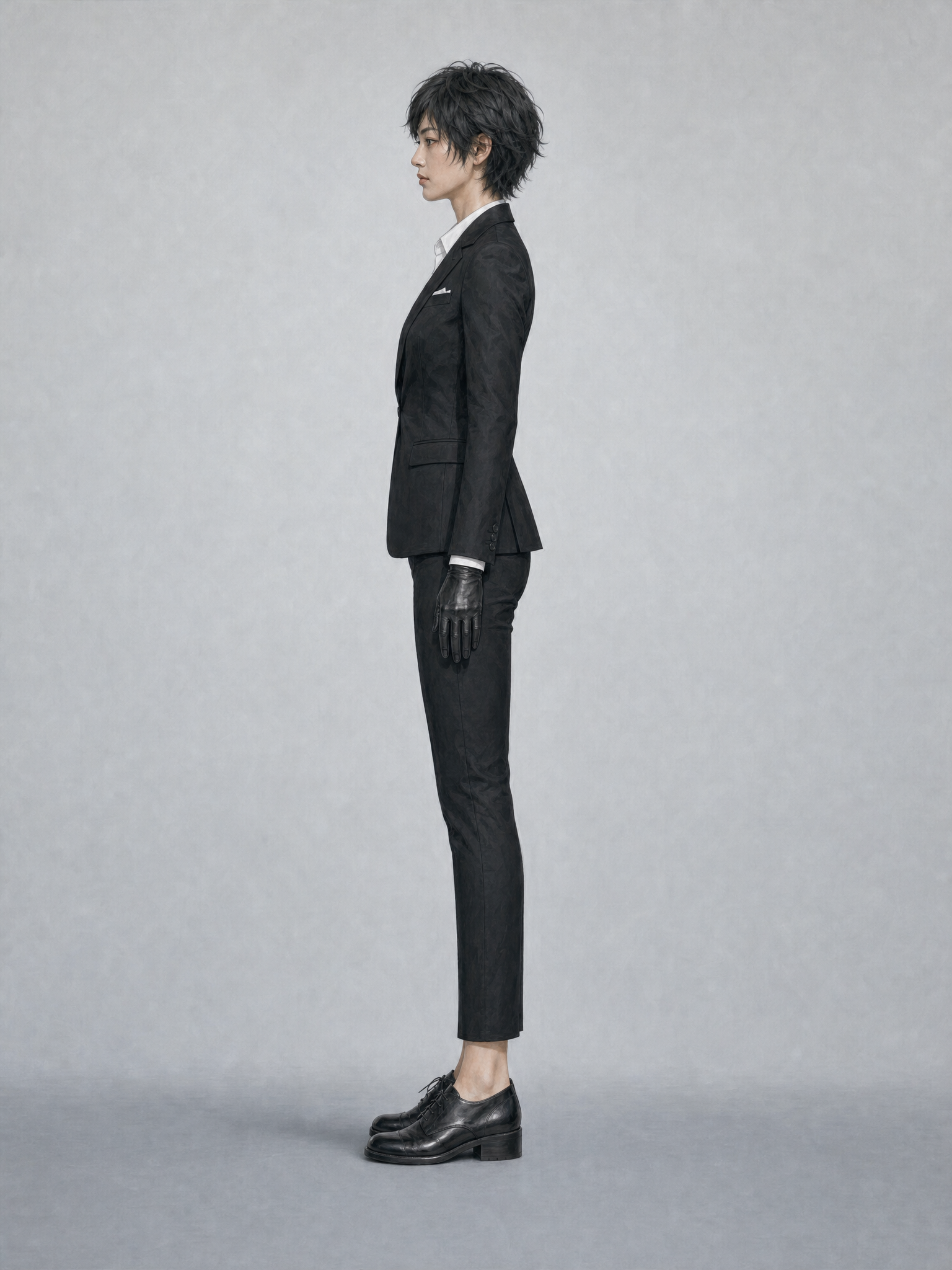 Rin Takamori in a strict 90-degree left side A-pose, showing aligned profile anatomy and suit depth.